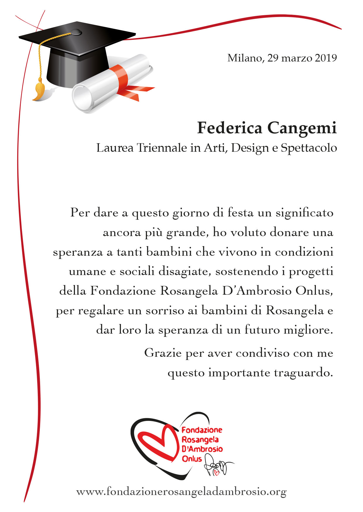 Donazioni Fondazione Rosangela D Ambrosio Onlus